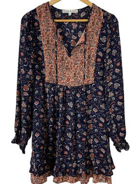 Allison & Kelly Floral Boho Mini Dress Tunic Lrg Navy Peach Cottagecore Prairie